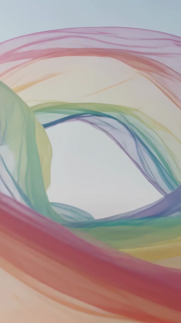 Vertical video: Flowing sheer ribbons starting low waves, forming center ring revealing pale sky