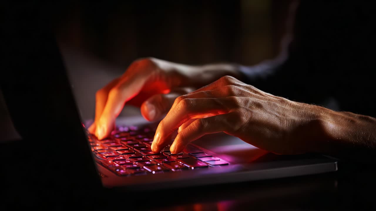 A Close-Up View of Hands Typing on a Backlit Laptop Keyboard, Capturing the Intensity of Focused Work and Creativity in a Modern Digital Era
