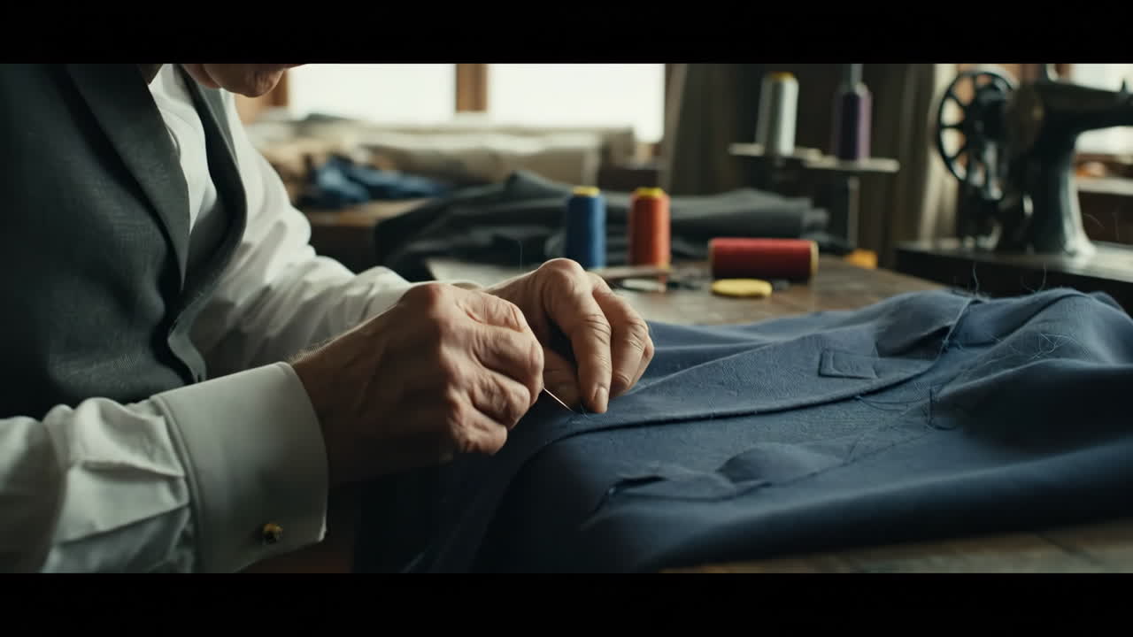 Elderly tailor meticulously stitching a suit