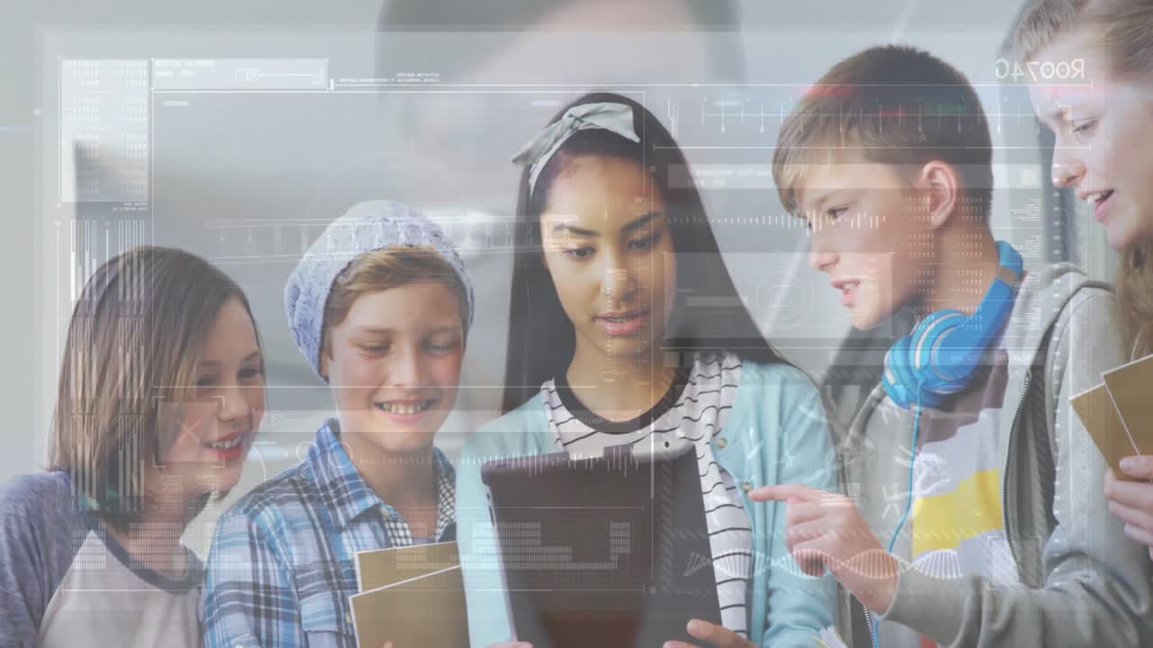 Students tapping and swiping tablet screen activating code snippets and charts for classroom lesson