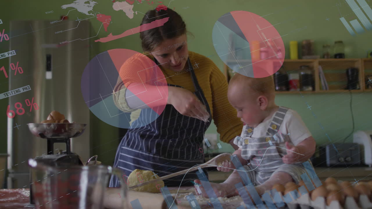 Mother baking with baby in kitchen, data processing animation over scene