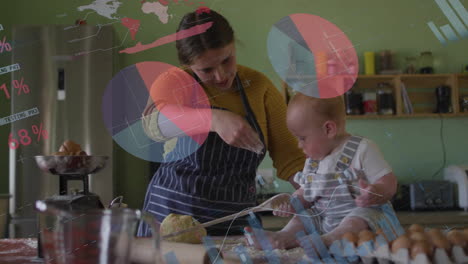 mother baking with baby in kitchen, data processing animation over scene