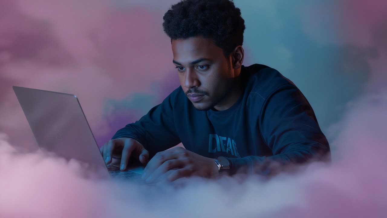 Sweatshirt-clad man positioning hands and pursuing laptop project at desk in studio, colored fog
