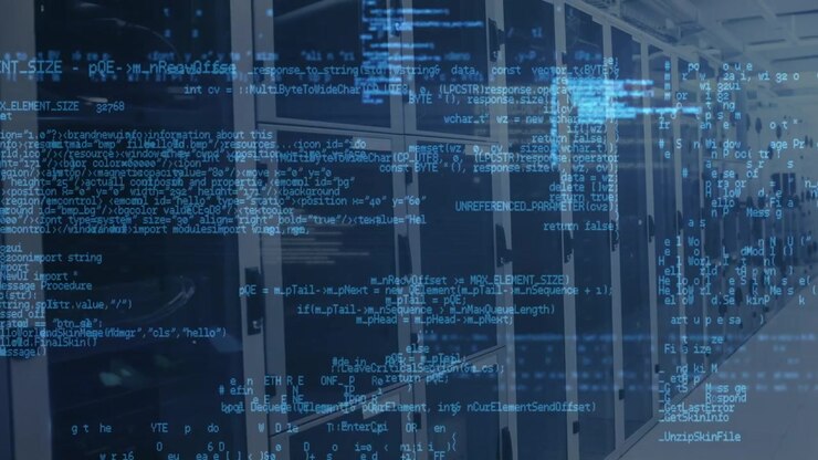 Animation of data processing against empty computer server room