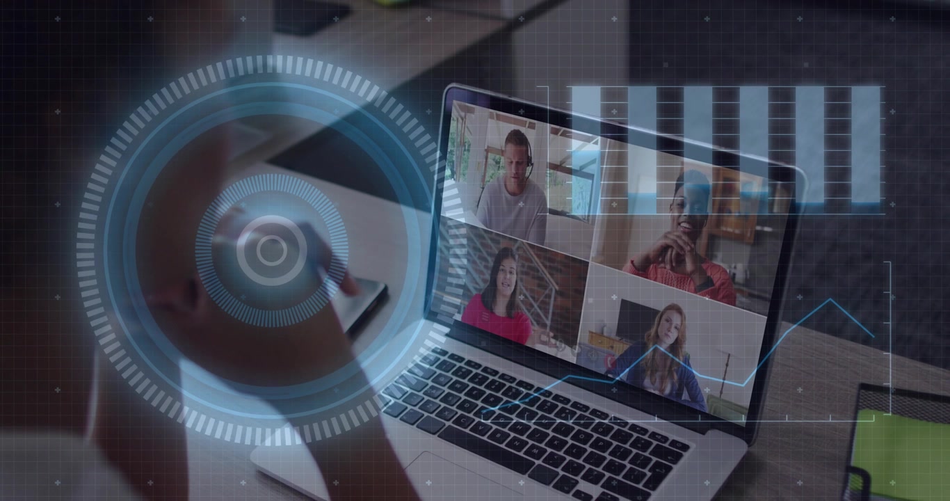 Video verticale: HUD pulsante, donna con un top casual che prende appunti al laptop durante una chiamata di gruppo, telefono verde