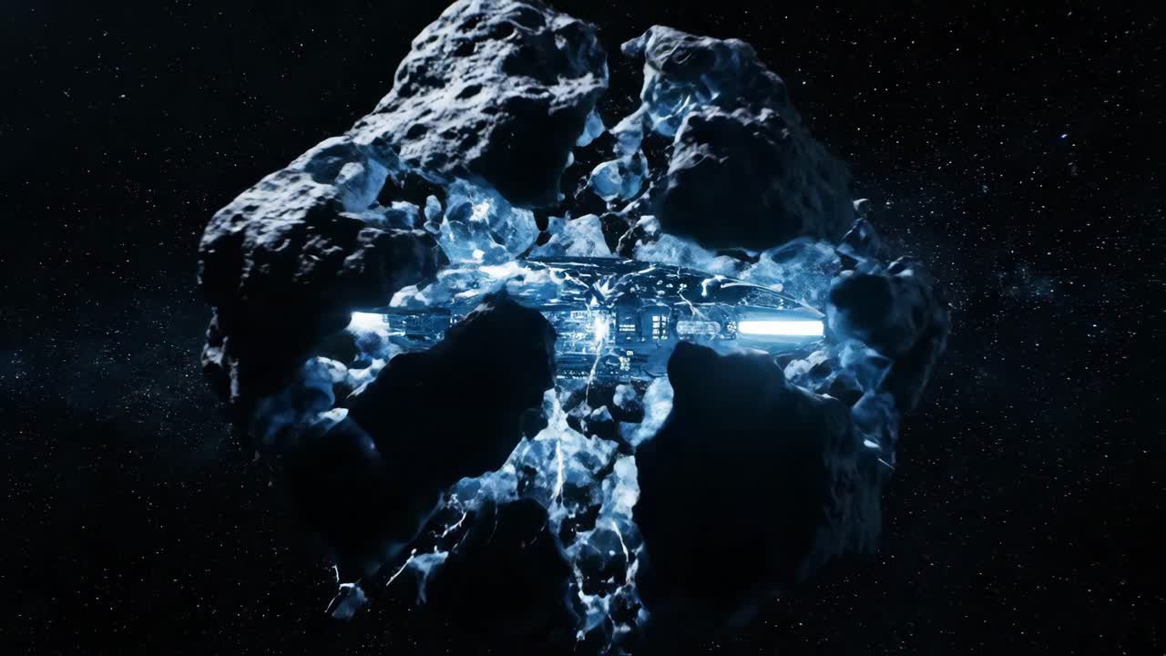 Asteroid and Spaceship in Outer Space