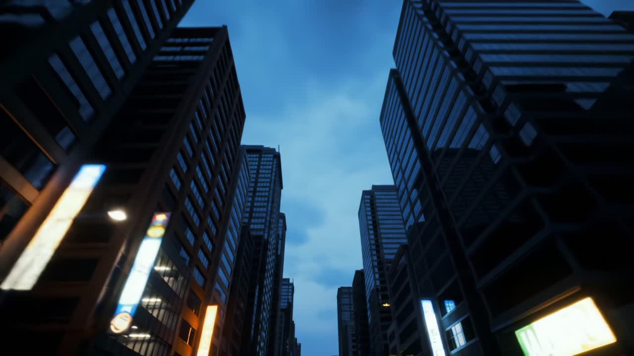 A stunning view of a modern cityscape at dusk, showcasing towering buildings under a dramatic sky, illuminated by streetlights and vibrant billboards, capturing urban life