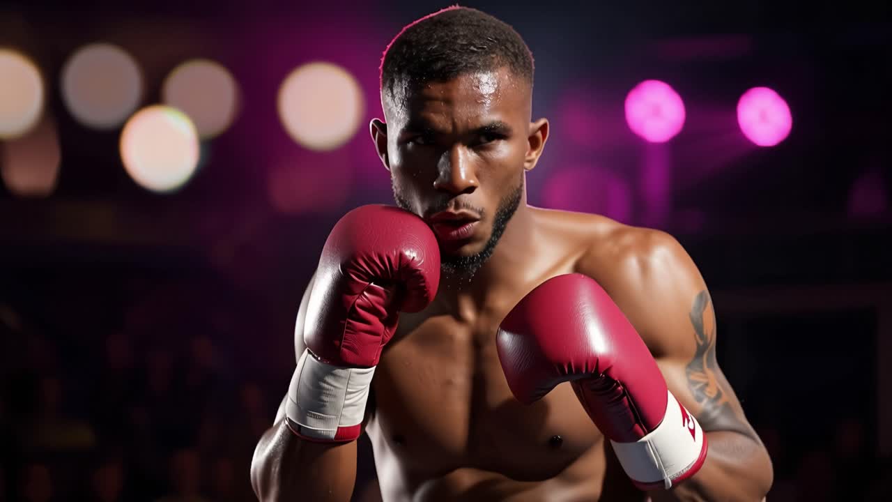 Intenso pugile pronto all'azione sul ring, catturato con illuminazione drammatica e pose dinamiche in due scatti che enfatizzano l'arte degli sport da combattimento.