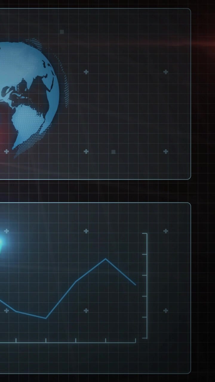 Vertical video: HUD display reacting to flare, globe rotating and chart line tracing, showing trend