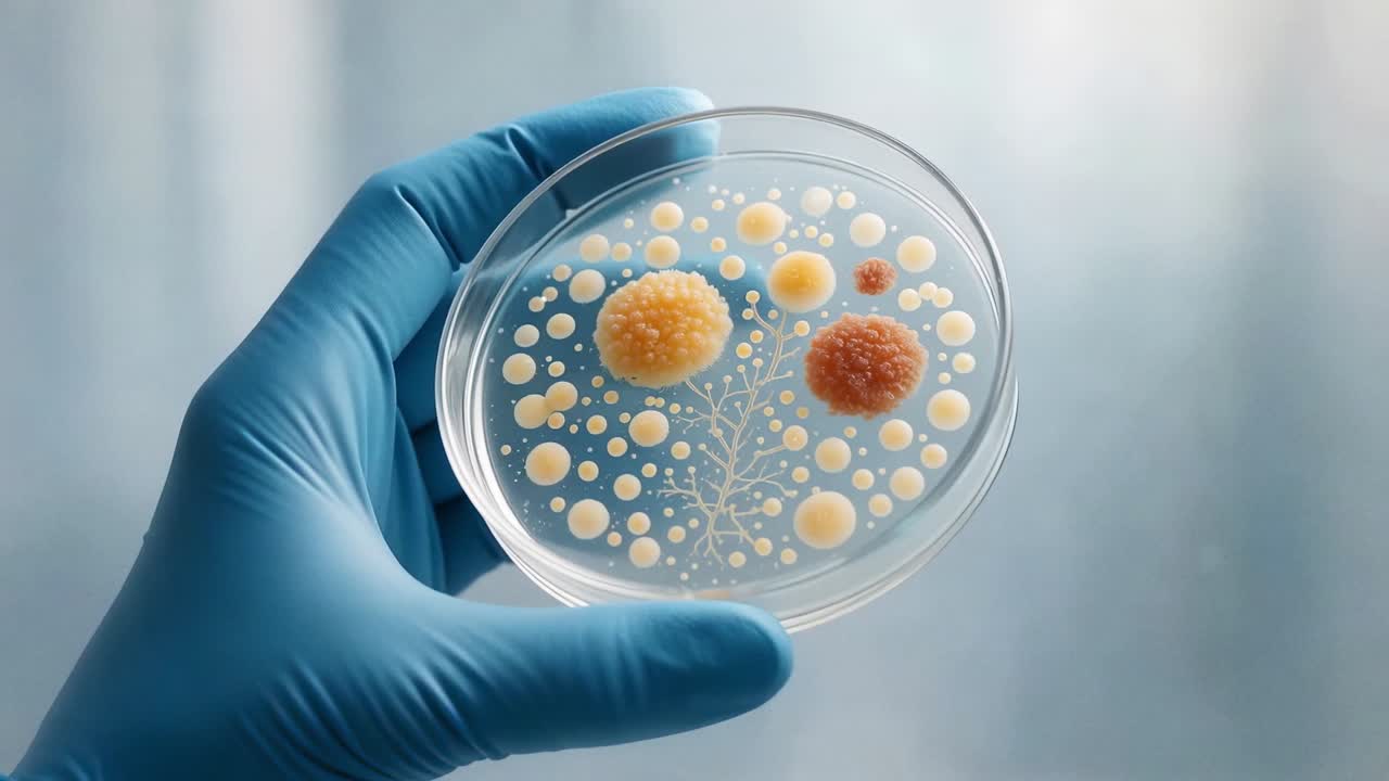 Mão enluvada segurando placa de Petri com colônias bacterianas em crescimento