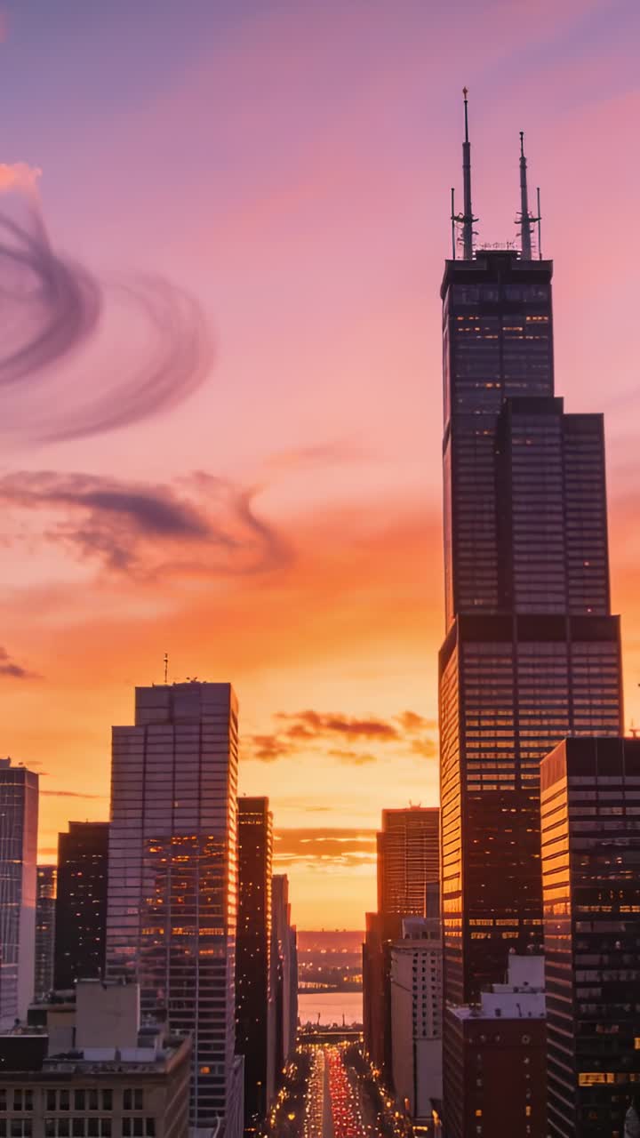 Vídeo vertical: Câmera filmando torre alta com mastros em avenida ao pôr do sol para capturar a luz.