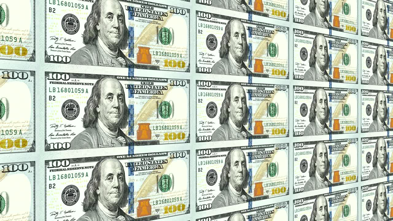 새로운 100 달러 지폐는 멀리 3d 관점에서 루프로 표시됩니다.