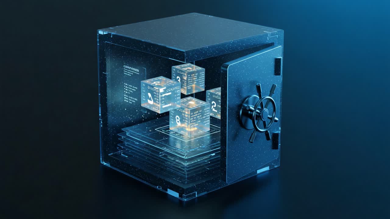 Exploring the Advanced Design of a Transparent Safe Featuring Illuminated Data Blocks Representing Enhanced Security and Innovative Technology in Digital Safekeeping