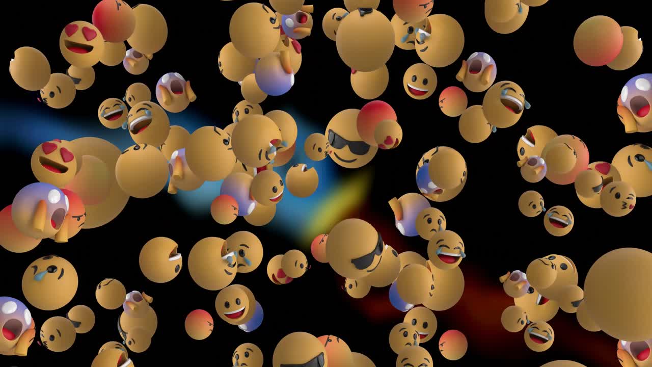 animación de los iconos emoji de las redes sociales que vuelan sobre un fondo negro