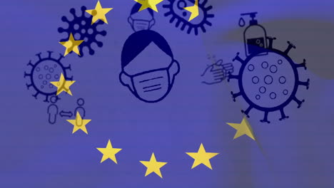 coronavirus concept icons against eu flag waving