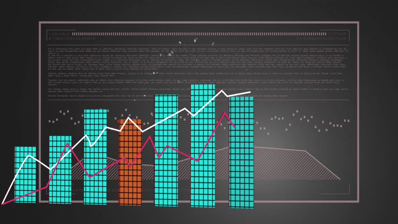 Digital data visualization chart displaying pixel bars and line graphs in flat design interface