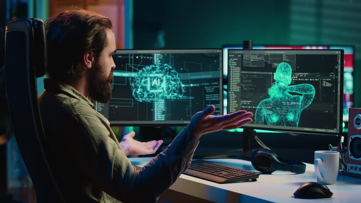 Self aware AI gaining anthropomorphic form inside cyberspace, waving hand