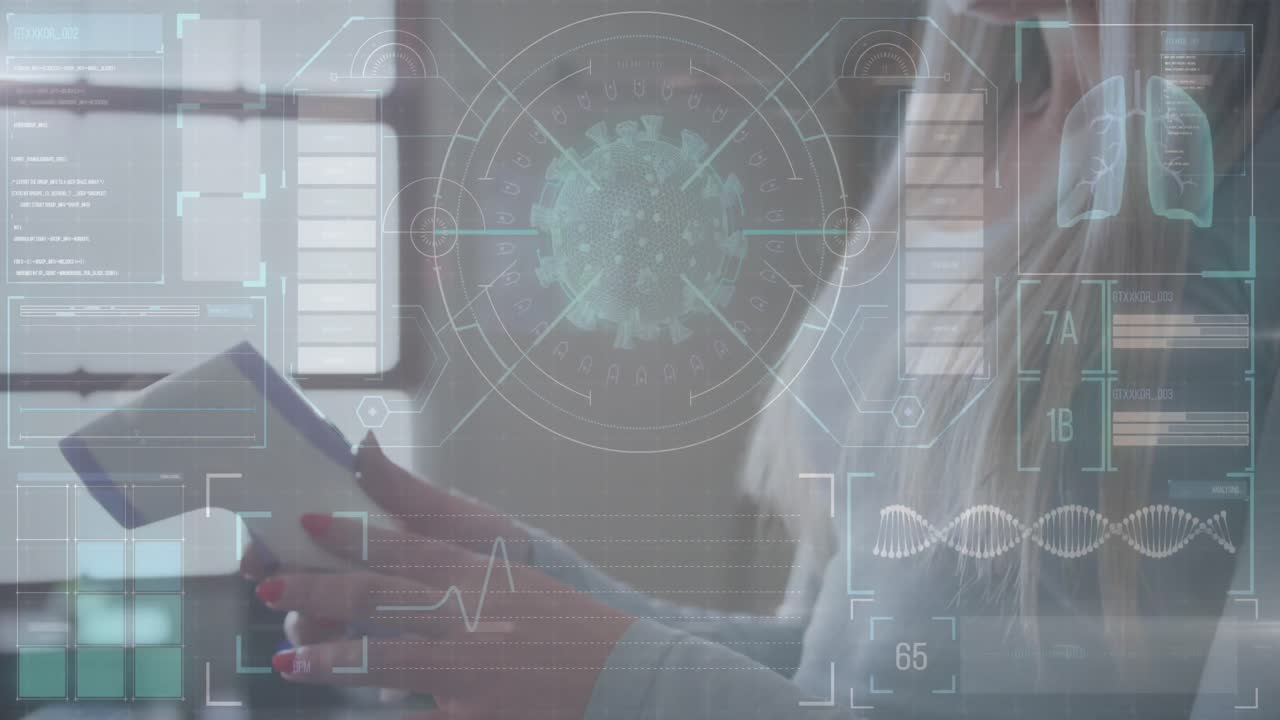 animación de una célula de covid-19 sobre una maestra con una máscara en la cara que sostiene un termómetro digital