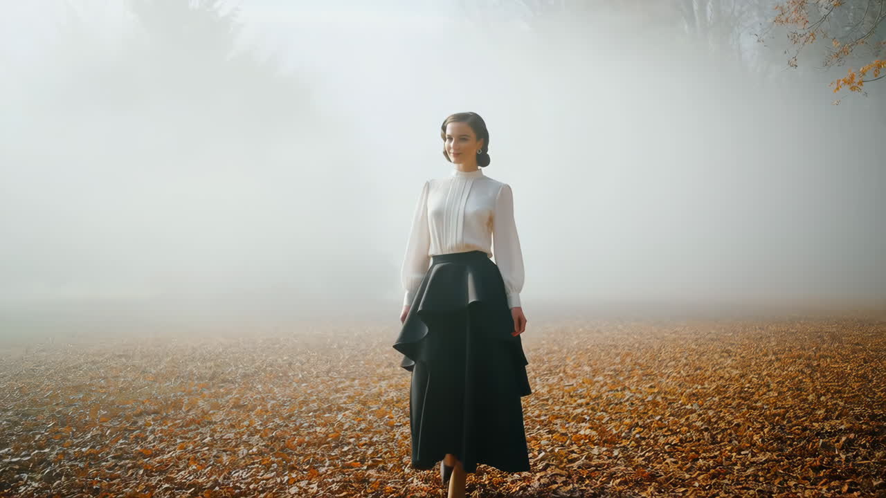 Donna in piedi in un campo autunnale nebbioso
