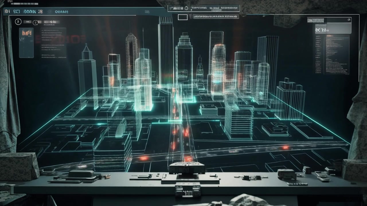 Futuristic Holographic City Map Display on a Desk