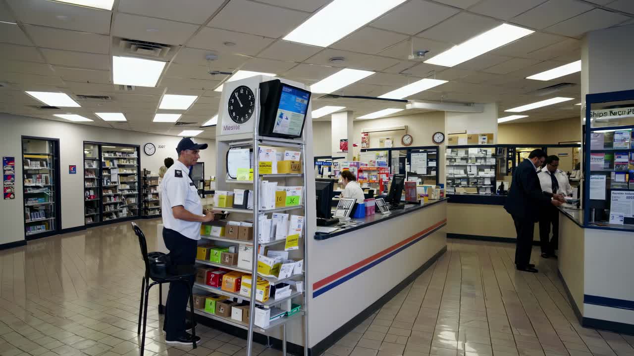 Wide-angle shot of a busy post office interior, capturing clerks and customers in action