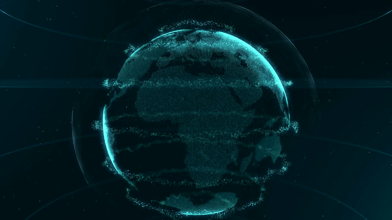 Abstract sphere. Connected azure blue dots with lines. Globalization interface. Crop sphere. Upper half of a sphere. Moving blicks. 4K.