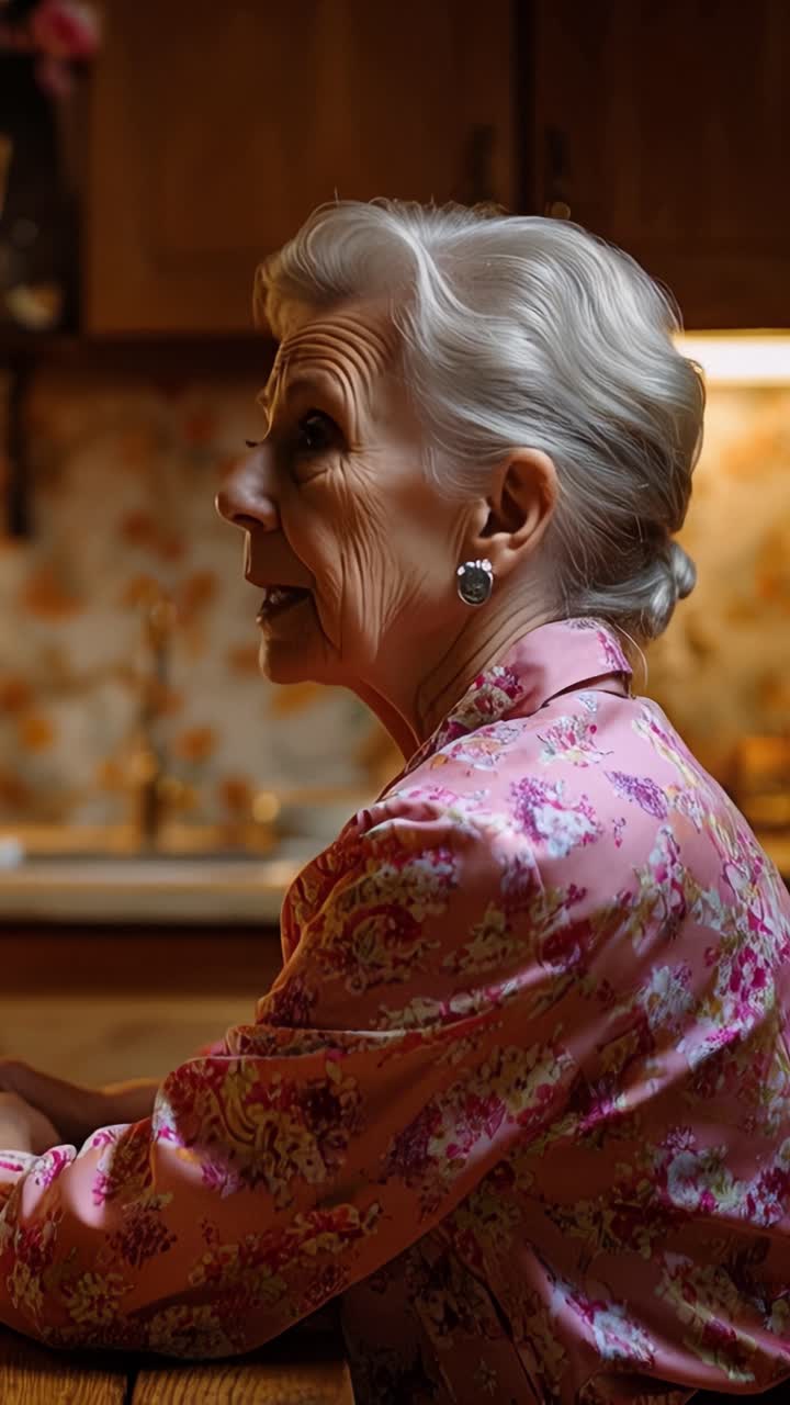 Cocina cálida, una luz suave brilla. Mujer de cabello plateado, con una bata floral rosa, permanece inmóvil. Su mirada refleja una tranquila contemplación, pensativa y serena. Ideal para momentos domésticos de calma, escenas de reflexión apacible.