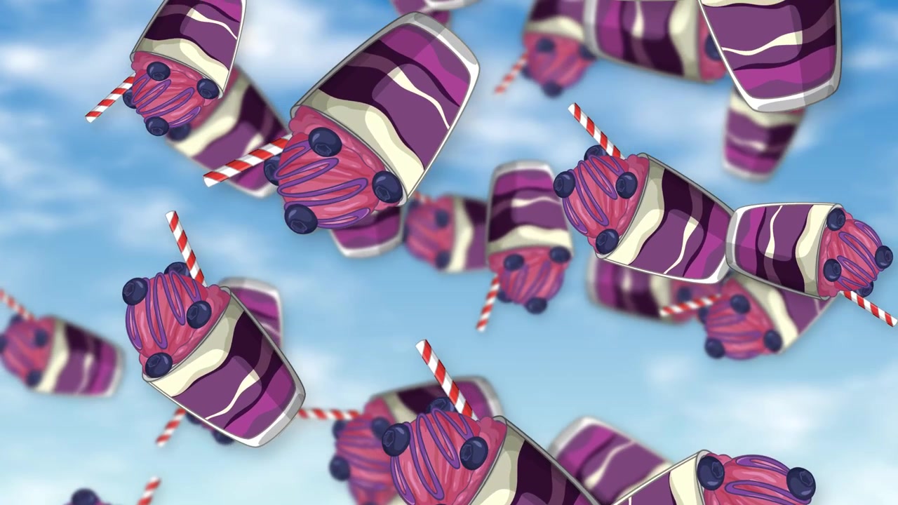 Stylized purple berry dessert cups with straws fall through a bright blue cloudy sky.
