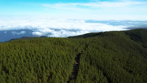 Flying-Over-A-Beautiful-Mountain-Forest-With-Thick-White-Clouds-And-Blue-Sky