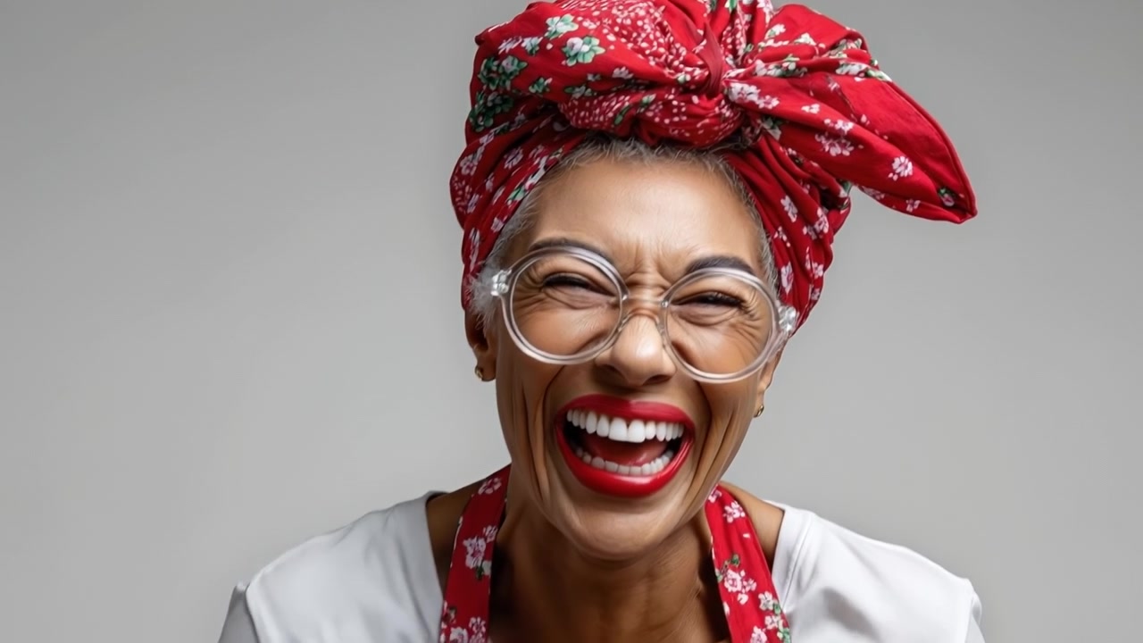 Cheerful Older Woman with Glasses and Red Headscarf Pointing at Camera