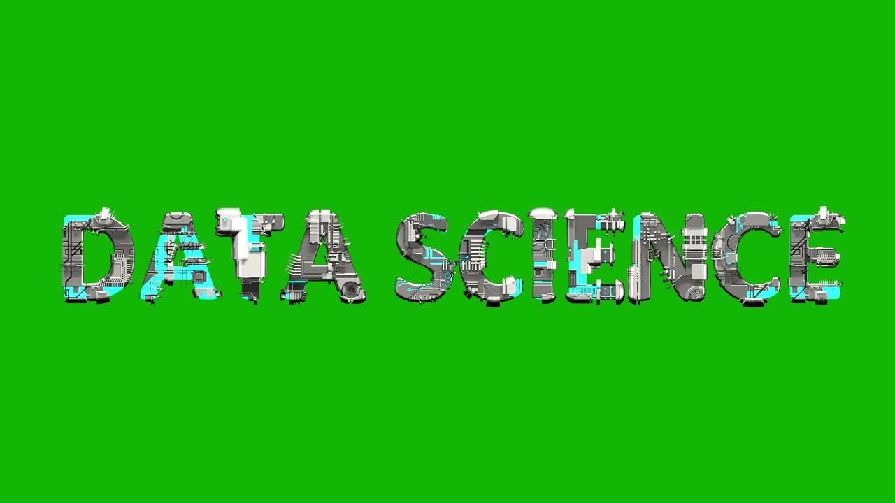 Data Science blue and grey metal text in cyberpunk style, isolated - loop video