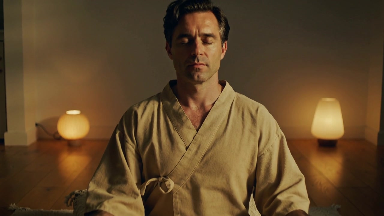 Zooming camera revealing seated man meditating for calm in lit room on rug in beige robe