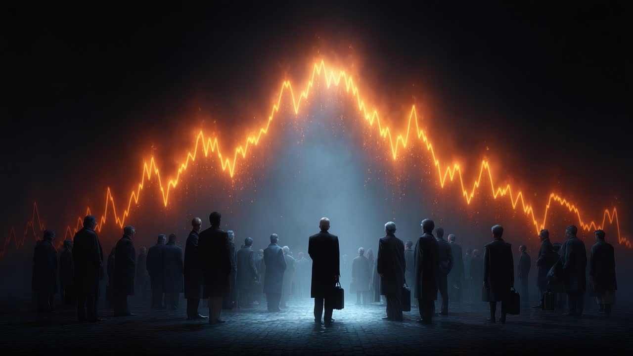 A crowd of business professionals stands in awe before a glowing financial chart, symbolizing hope, uncertainty, and the ever-changing nature of economic trends and markets