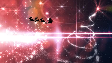 silueta de santa claus en trineo volando con renos contra un fondo abstracto iluminado