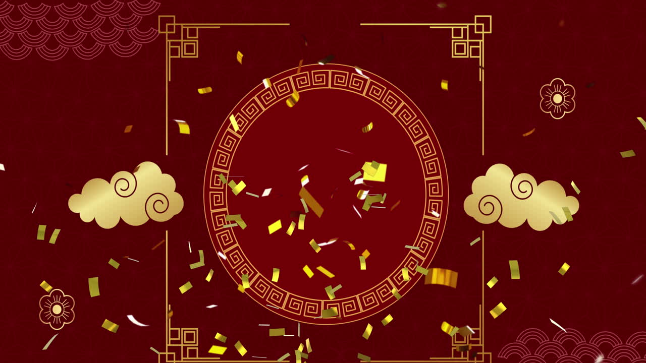 animación de decoraciones tradicionales chinas y confeti sobre fondo rojo