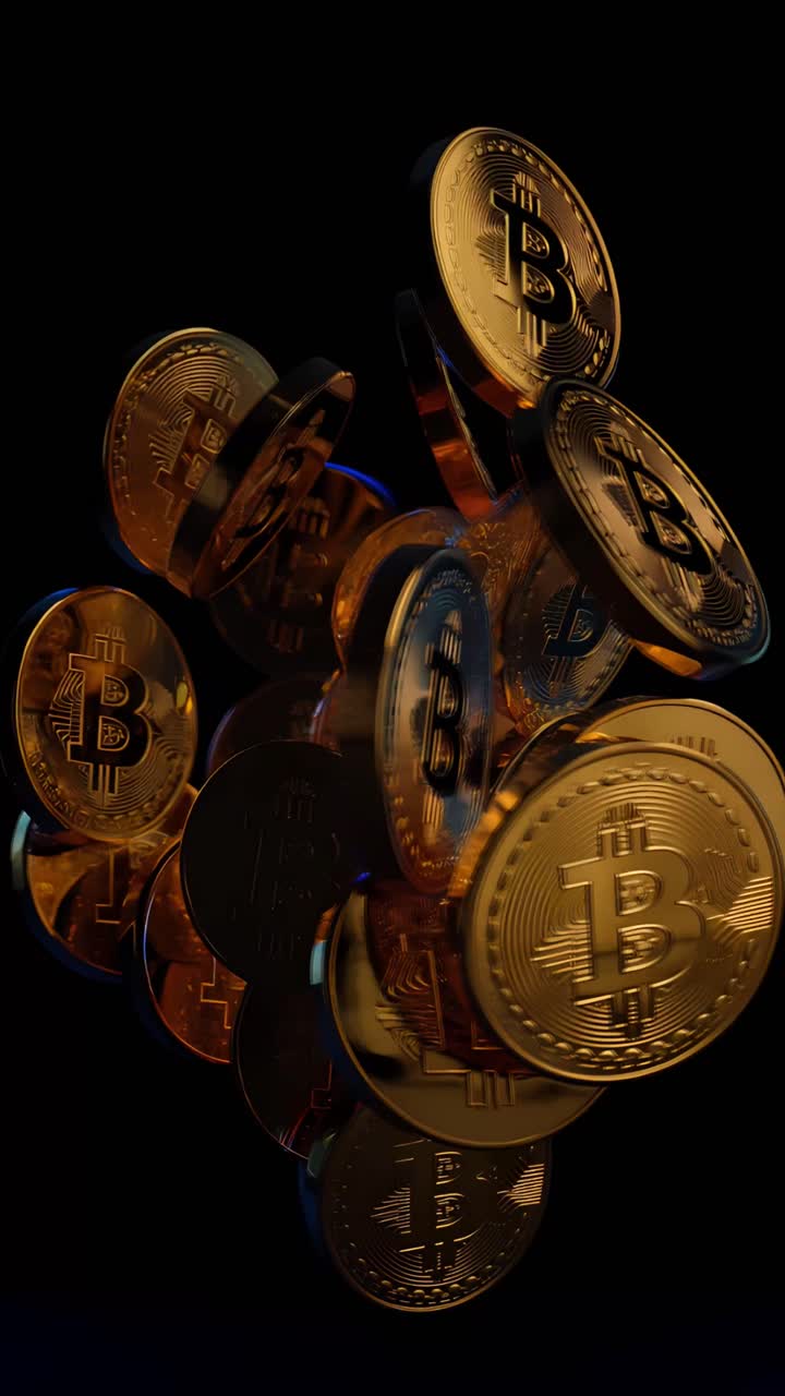 Animazione rotante di Bitcoin dorato su sfondo scuro, criptovaluta cinematografica 4K.