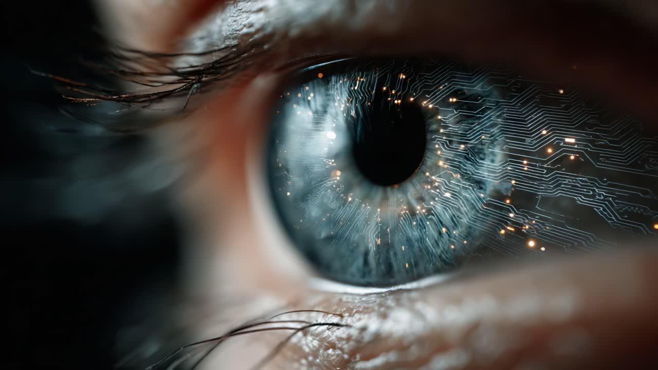 Captivating Close-Up of a Human Eye with Circuit Design, Blending Technology and Nature in a Stunning Display of Digital Aesthetics