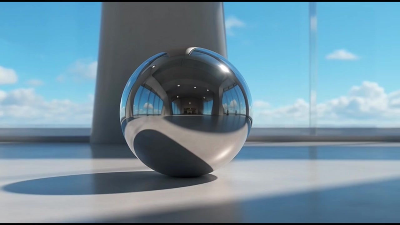 Sfera cromata che riflette l'interno di un ufficio moderno e il cielo blu