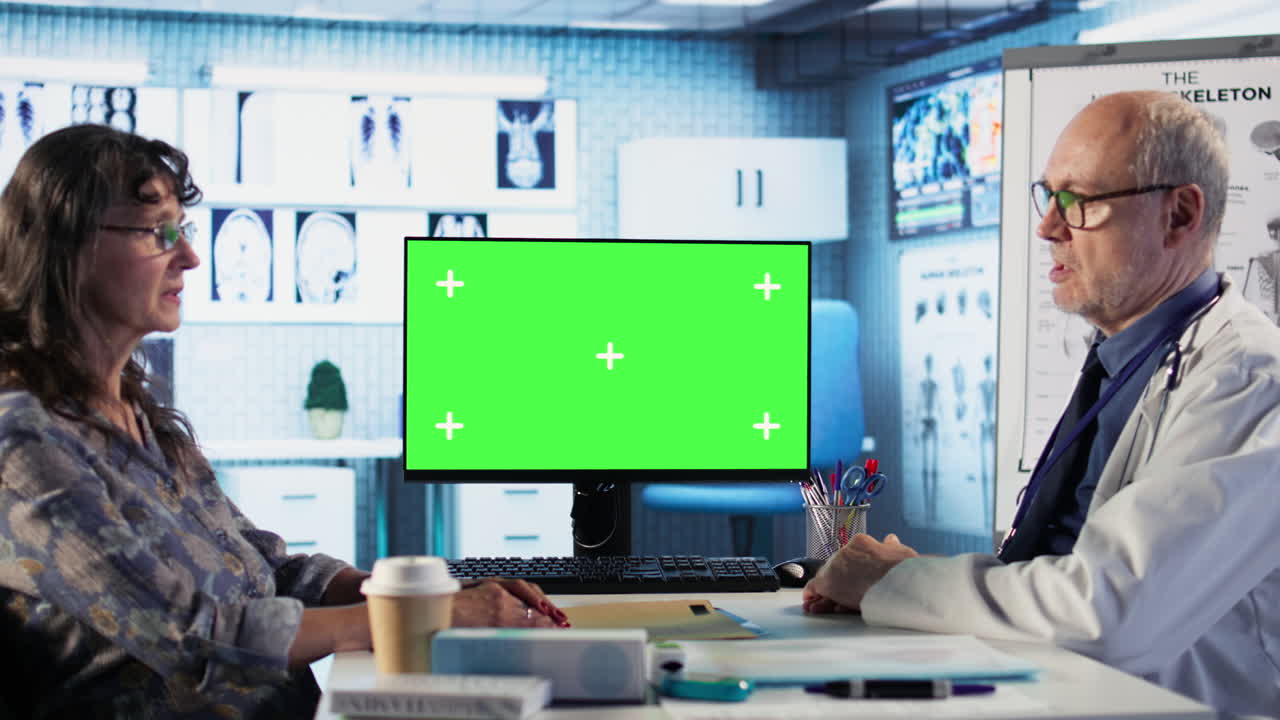 Vertical Video Old general practitioner discusses with female patient next to green screen