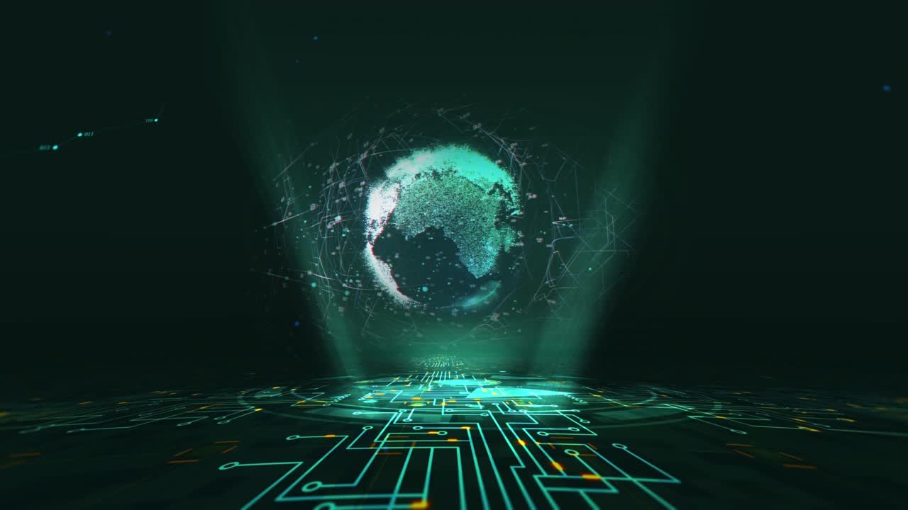 Earth technology, business and communications background loop. Electronic technology. Electrical signals flowing in electrical conductors. Technology and network concept.