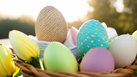 easter basket with decorated eggs and tulips