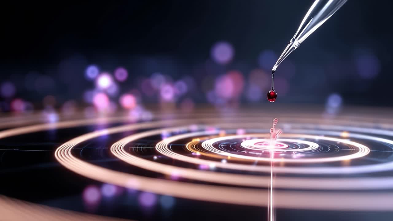 A Close-Up View of a Precision Pipette Dropping Viscous Liquid onto a Circular Surface, Creating Dynamic Ripples and Vibrant Colorful Patterns in a Dark Environment