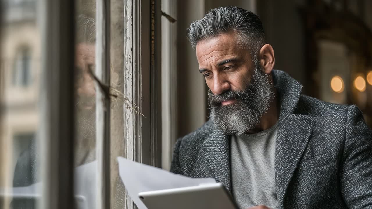 Un uomo barbuto e pensieroso, intento a leggere o rivedere documenti vicino a una finestra in un ambiente interno accogliente, che trasmette concentrazione e serenità