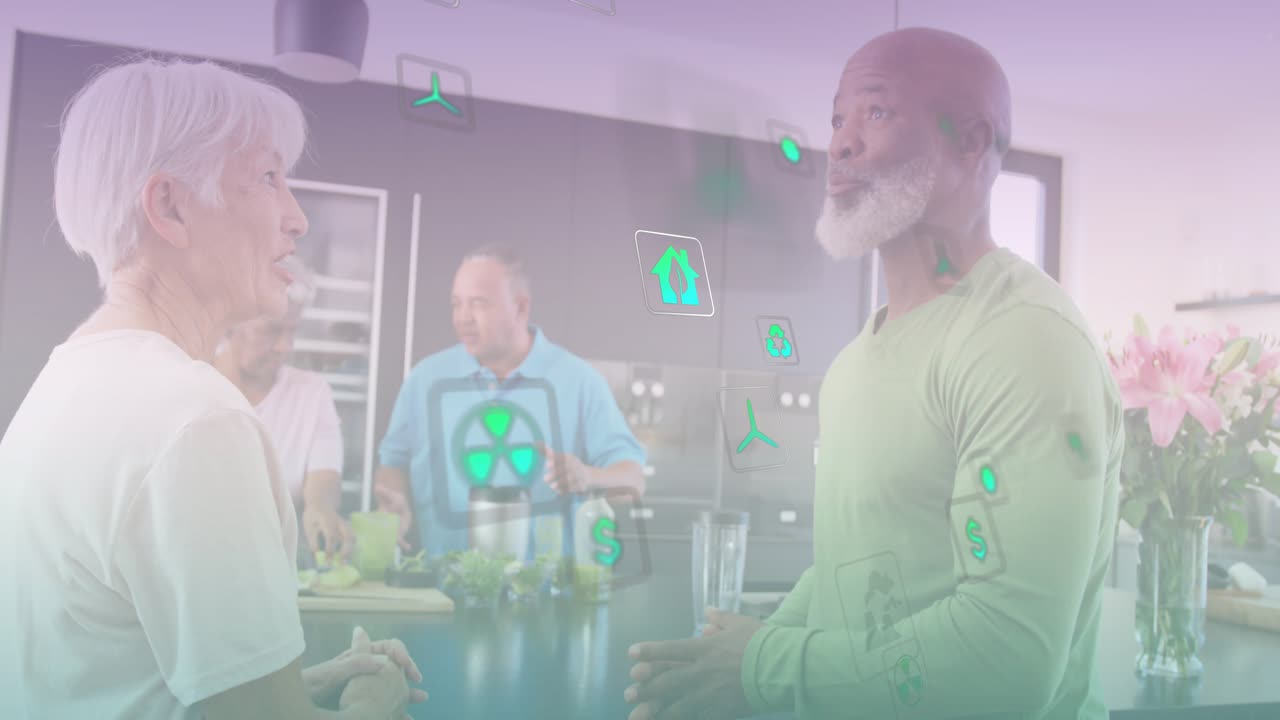 Senior couple nodding kitchen island, animating green icons promoting sustainable cooking