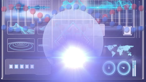 Animation-of-lights-moving-over-dna-chain,-scientific-graph-and-data