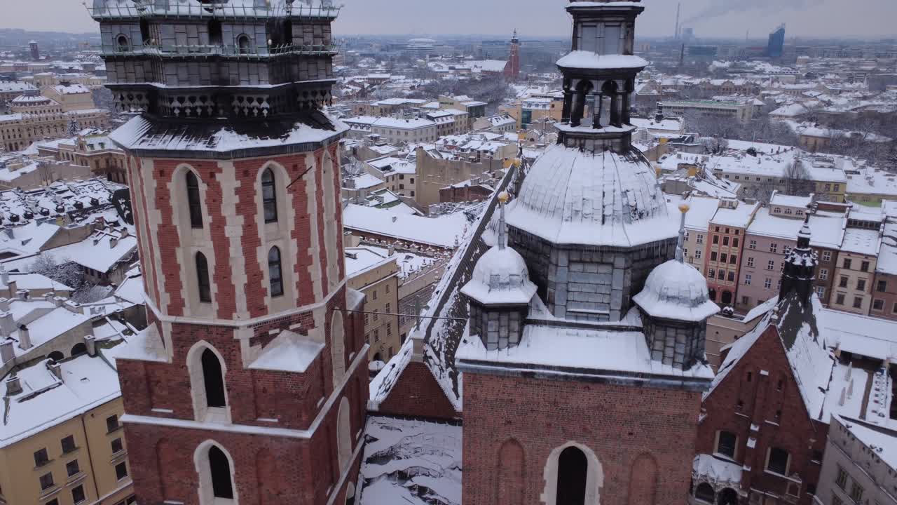 Aerial View of St. Mary's Basilica and Snowy Krakow City in Winter