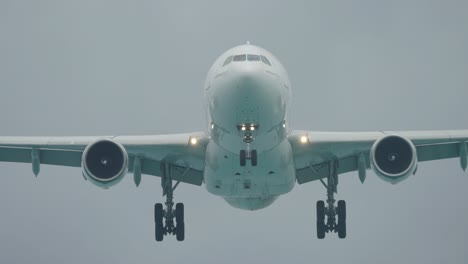 front view of a passenger airplane passing overhead