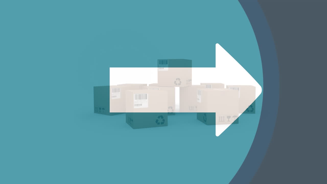 ⁇ 색 배경에  ⁇ 색 화살표, 파란색 원과 카드보드 상자의 애니메이션