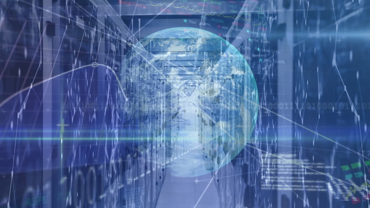 Animation of data processing with globe over server room