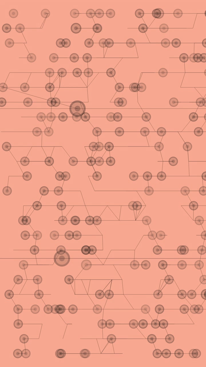 Retro technical schematic featuring interconnecting data dots and lines over a salmon pink background. Ideal for engineering, computing history, and chip architecture themes.
